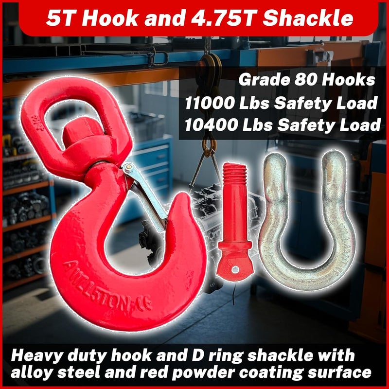 HENBOW 5 Ton Swivel Lifting Hooks and D Ring Shackles,G80 Chain Hooks with 4.75 Ton Shackle,11000Lbs Safety Load Limit,Heavy Duty Alloy Steel Shackle,Round Rotating Swivel Snap Hook - Image 2